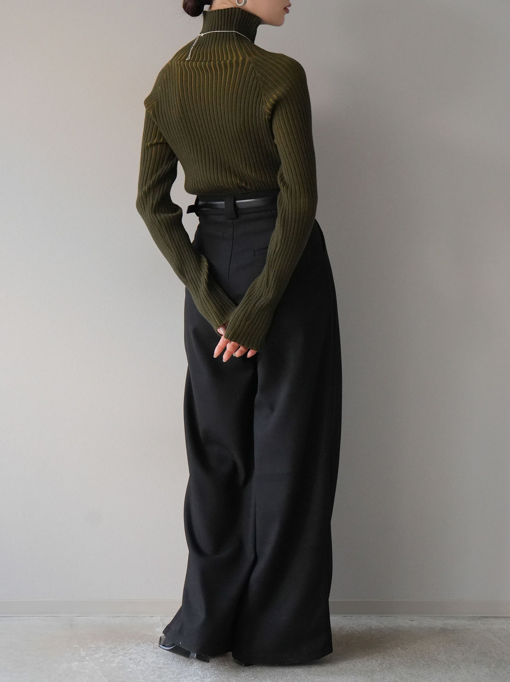 SET]バイカラーリブハイネックニットトップス+ベルト付ウールタッチ