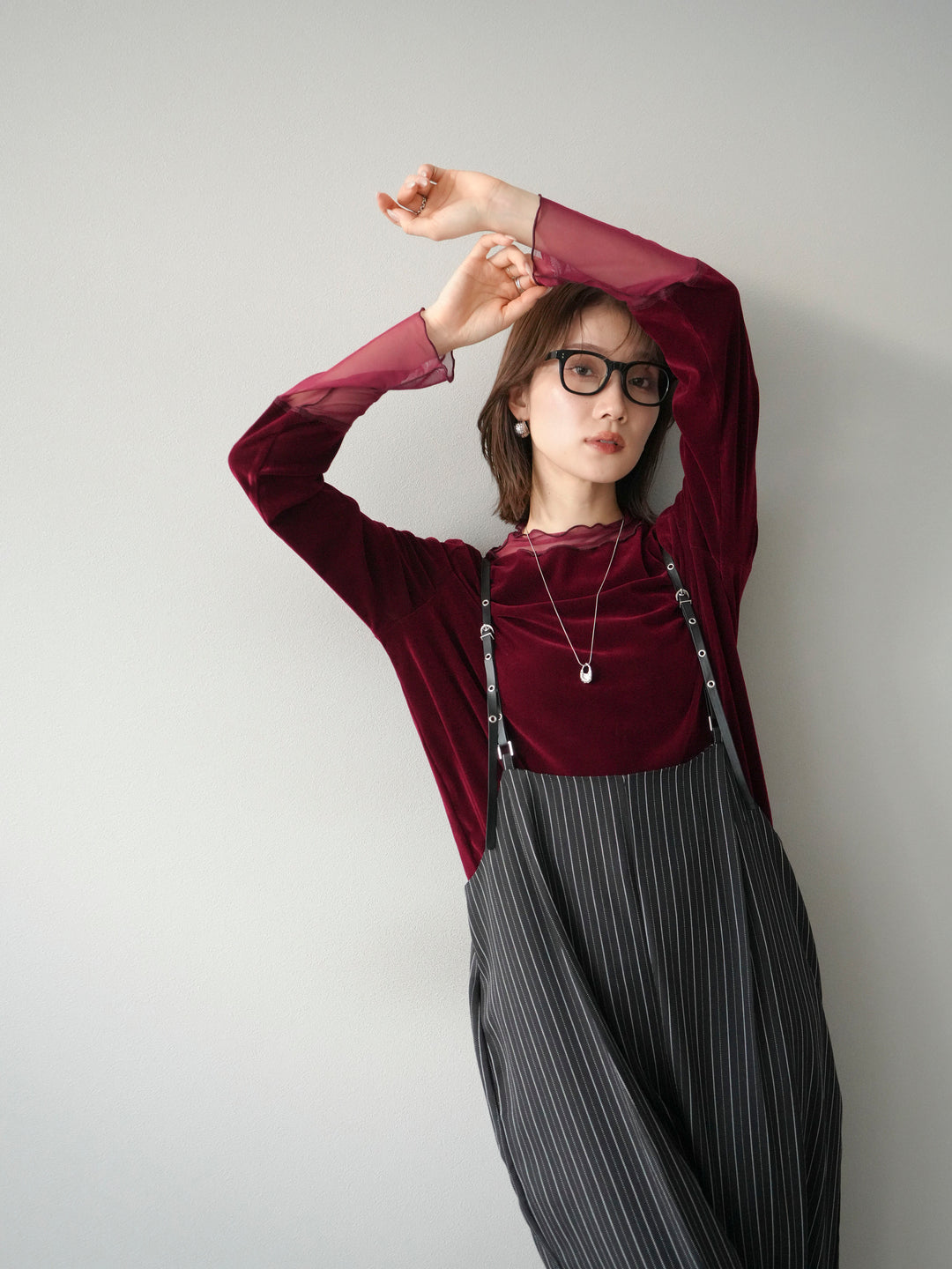 【着回しセット】[SET]ヘリンボーンストライプジレ+シアー切替ベロアトップス+ヘリンボーンストライプサロペット(3set)