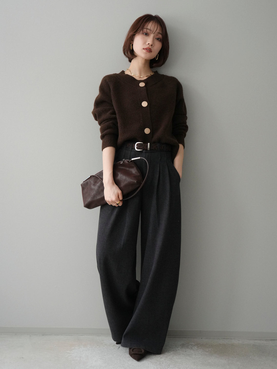 [SET]BIGボタンニットカーディガン+アニマル柄ベルト付きウールタッチワイドパンツ(2set)