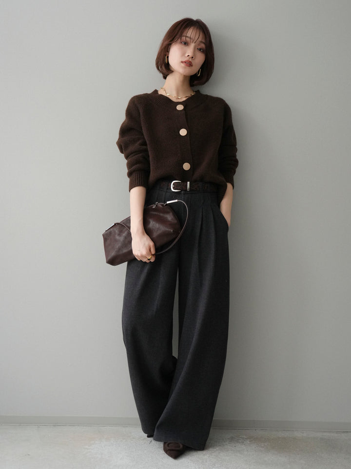 [SET]BIGボタンニットカーディガン+アニマル柄ベルト付きウールタッチワイドパンツ(2set)