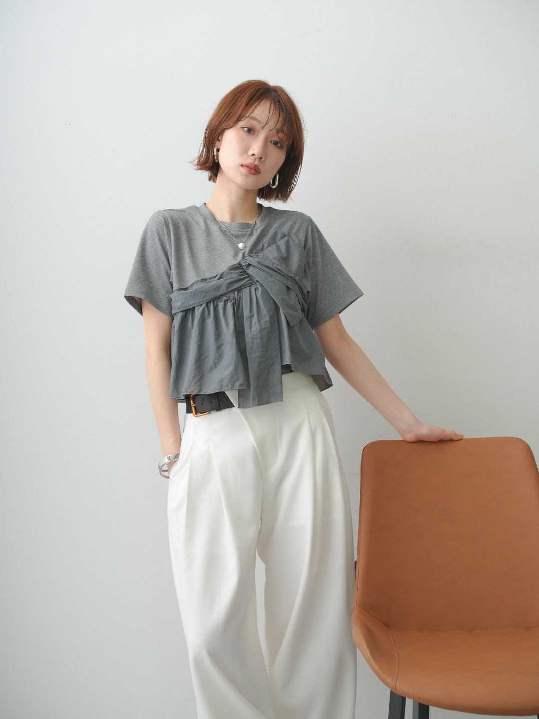 [SET]ナイロンドッキングツイストTEE +アシンメトリーベルトタックワイドパンツ(2set)