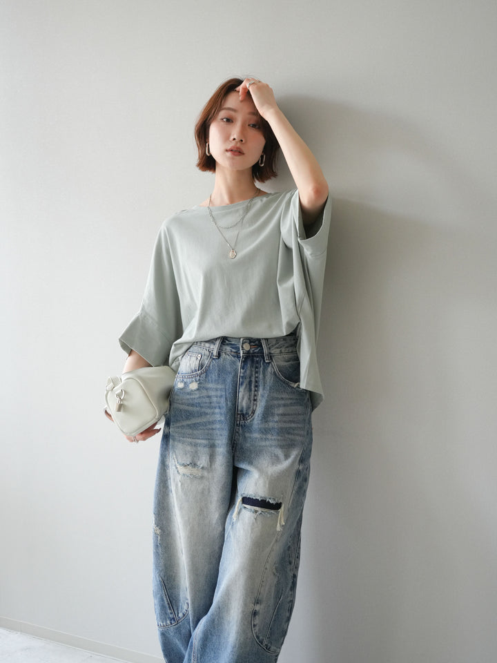 [SET]ドルマンワイドフレアトップス+ダメージカーブワイドデニムパンツ(2set)