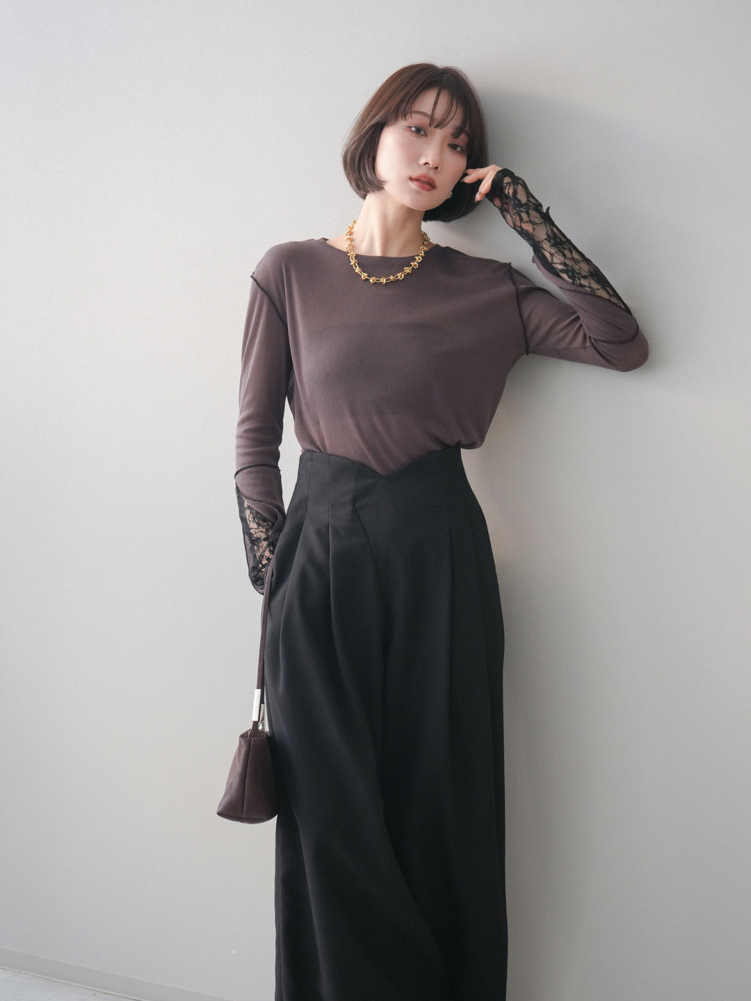 [予約]袖レースレイヤードデザインメロートップス/brown