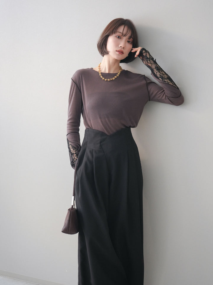[予約]袖レースレイヤードデザインメロートップス/brown