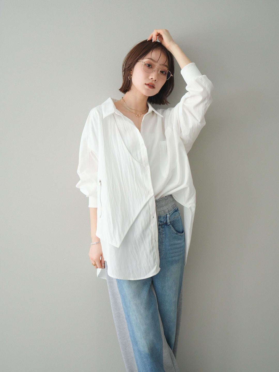 [予約]リブカフスアシンメトリーZIPデザインオーバーシャツ/offwhite