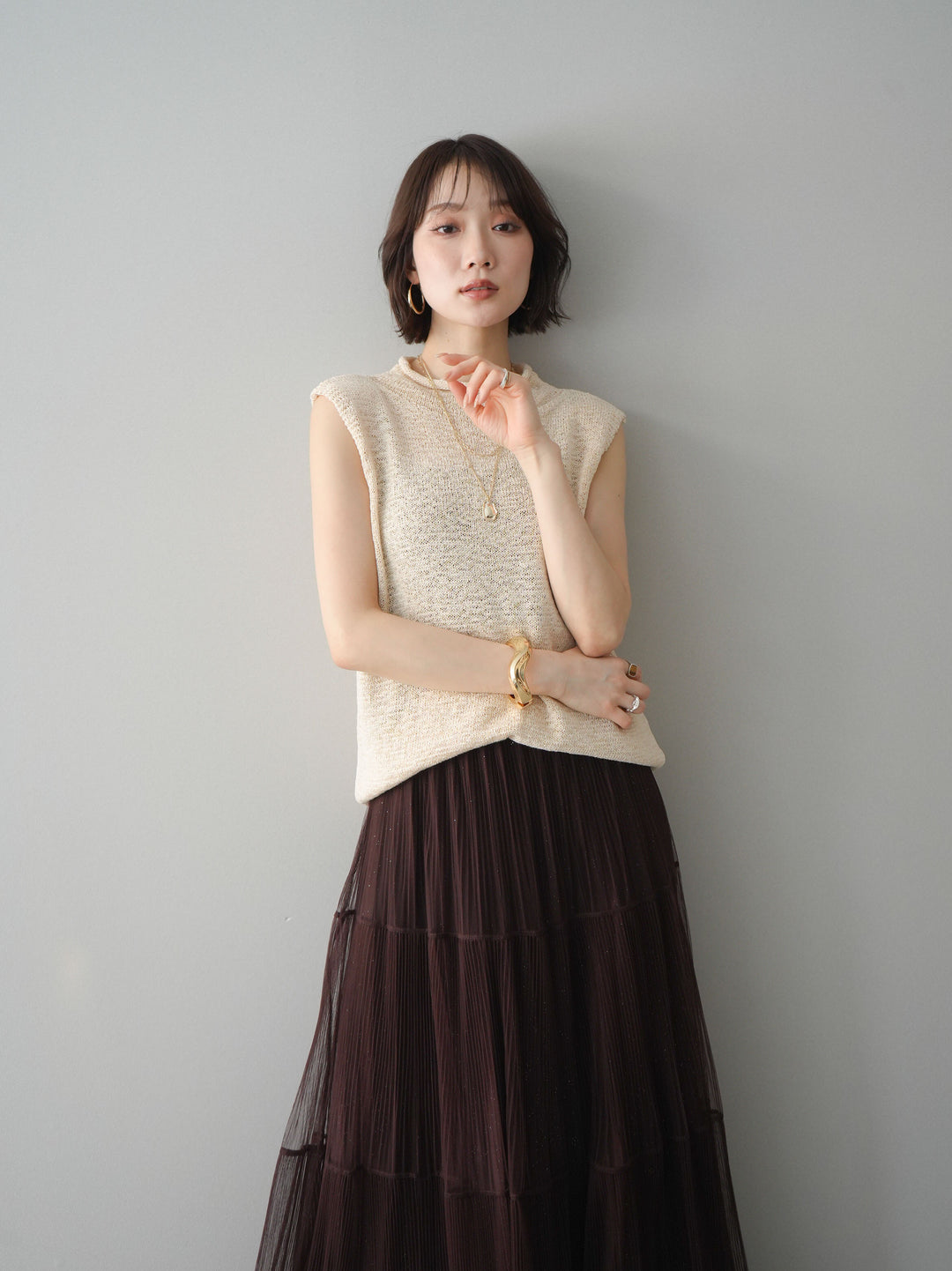 [予約]ノースリーブリネンタッチシアーニットプルオーバー/beige