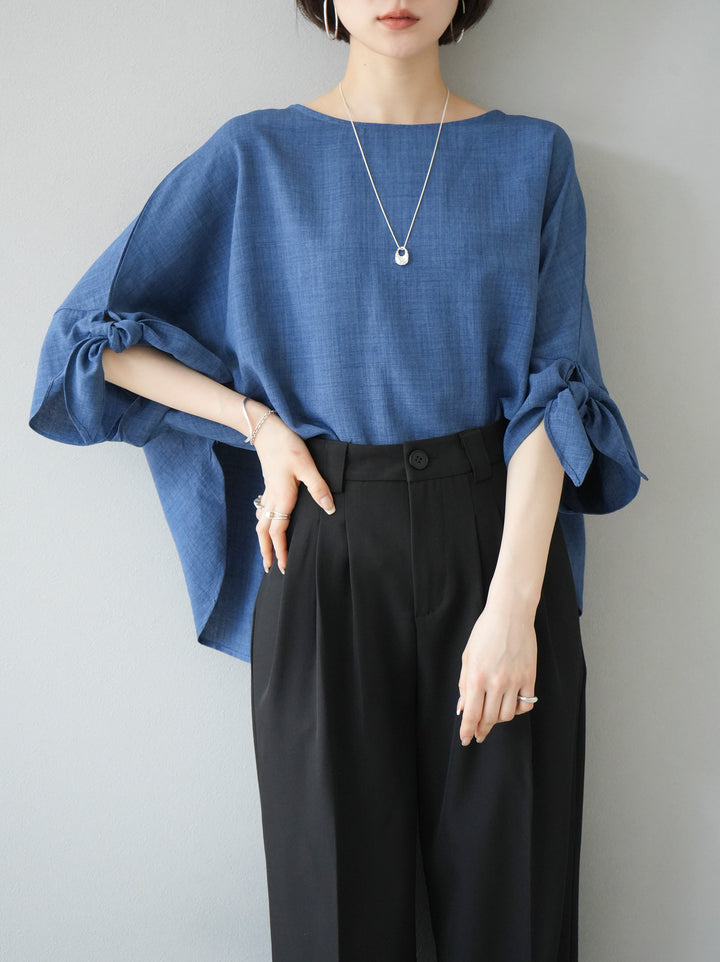 [Pre-order] Linen-touch sleeve ribbon blouse/blue