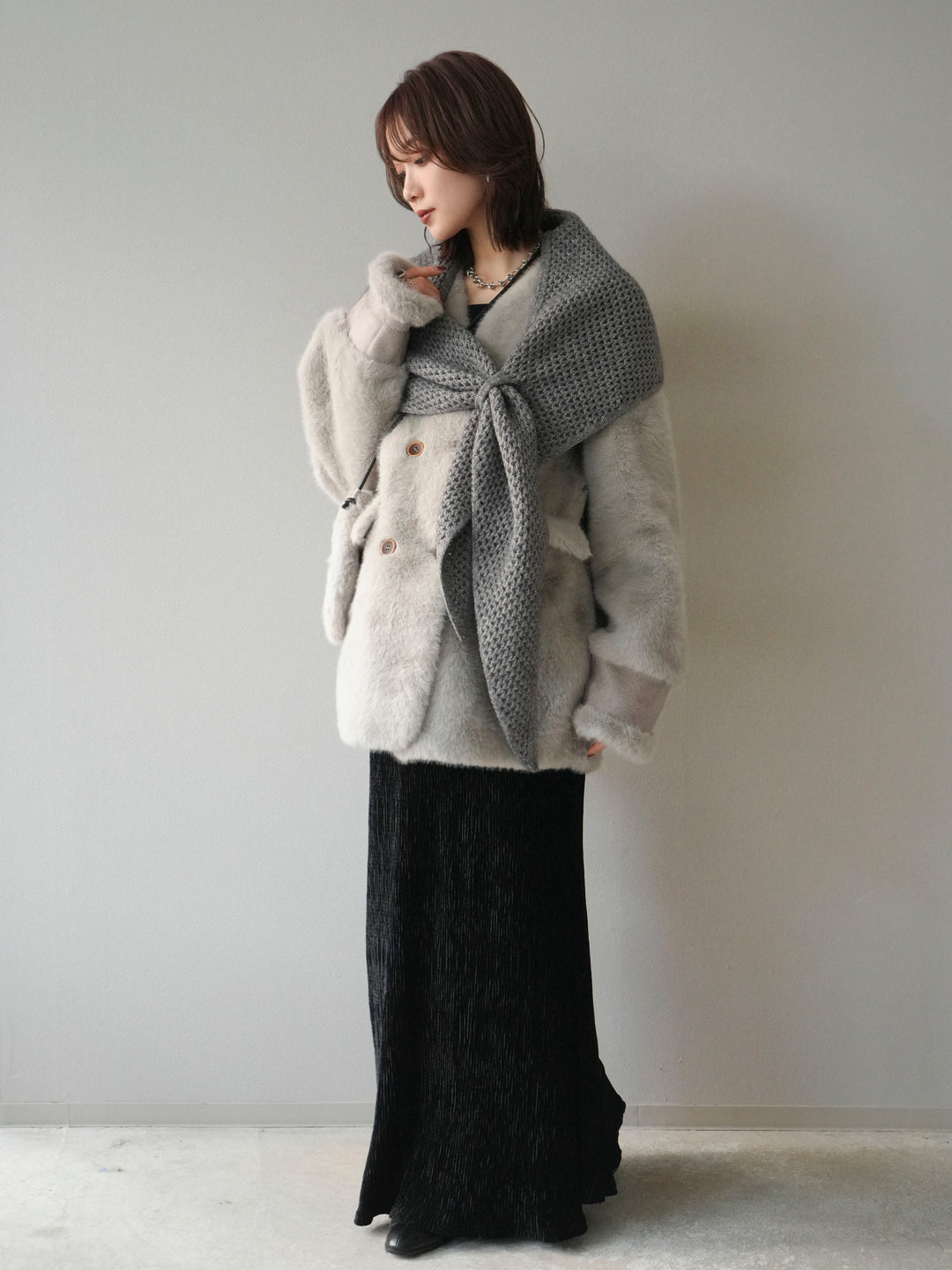 [予約]バッグ付エコファーノーカラーコート/gray