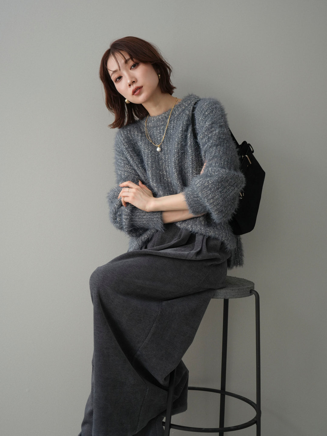 [SET]ボリュームスリーブシャギー MIXニットプルオーバー+選べるアクセセット(2set)