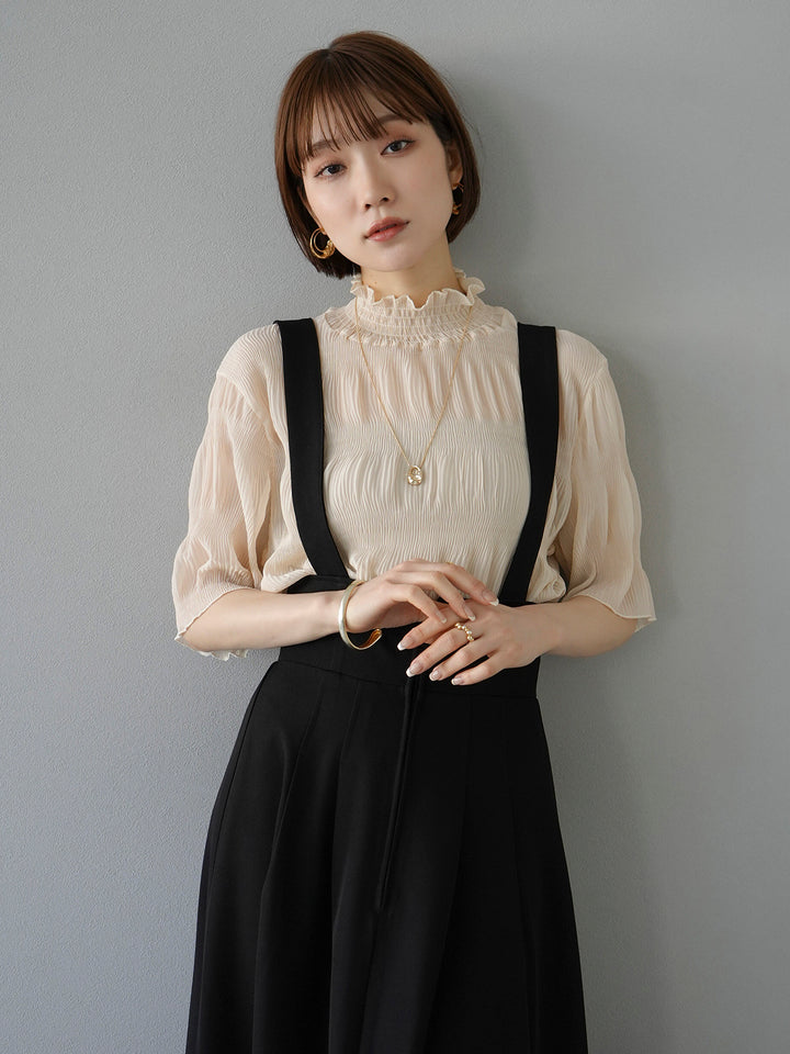 [SET] Shirring chiffon half sleeve blouse + 2WAY flare jumper skirt (2set)