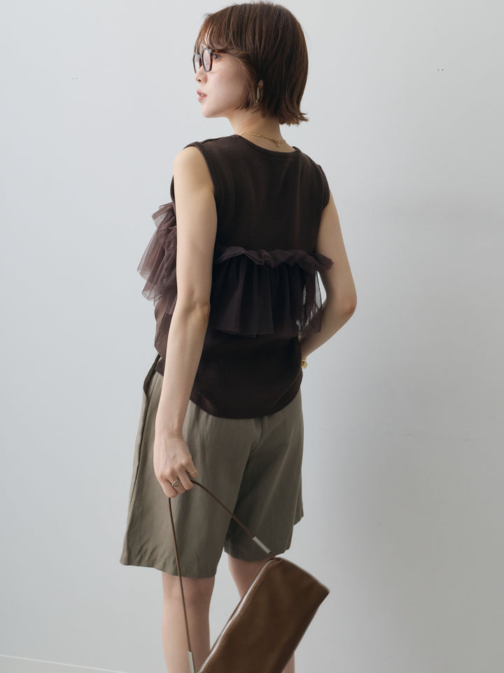 [予約]チュールフリルニットノースリトップス/brown