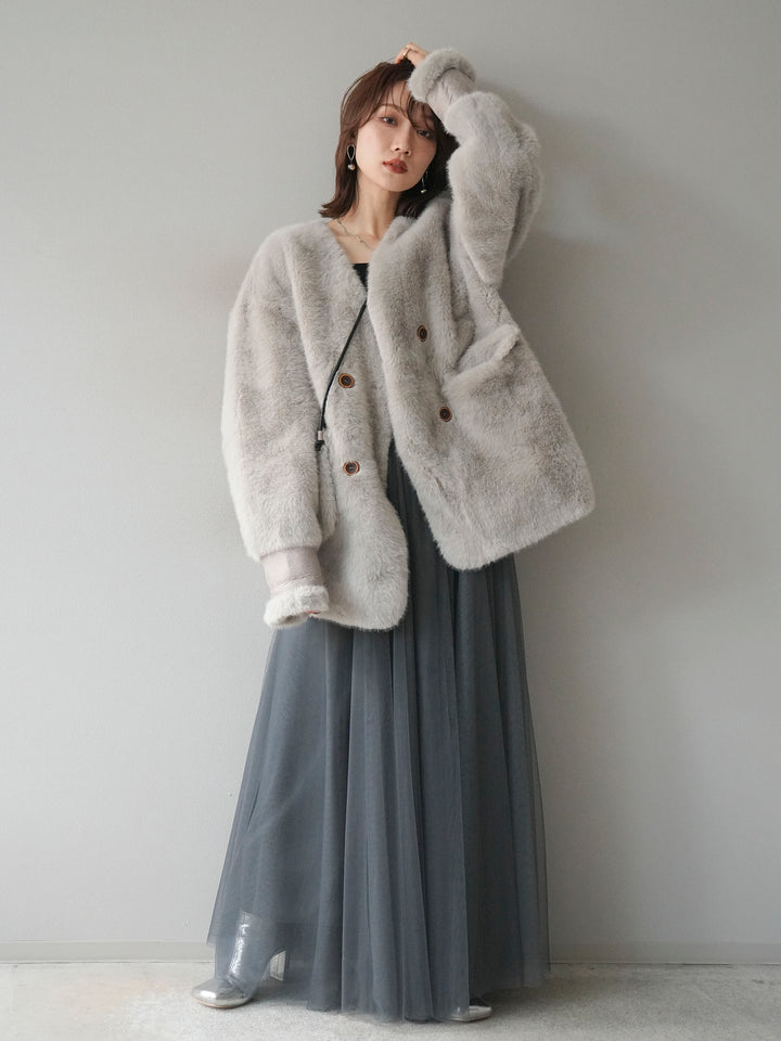 [SET]バッグ付エコファーノーカラーコート+チュールボリュームスカート(2set)