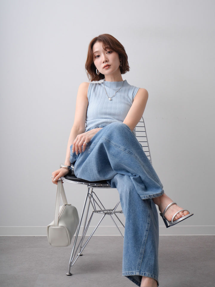 [SET]ランダムリブハイネックノースリニットトップス+ハイウエストベルトループデザインデニムパンツ(2set)