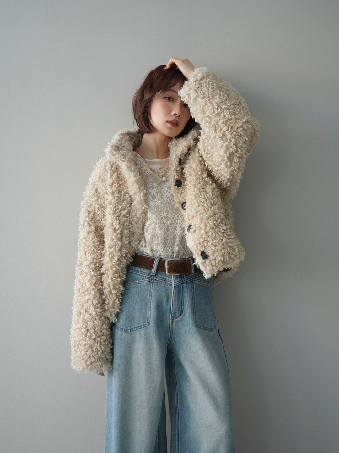 [SET]プードルファーミドルスタンドブルゾン+ベルト付裏起毛カーブデニムパンツ(2set)