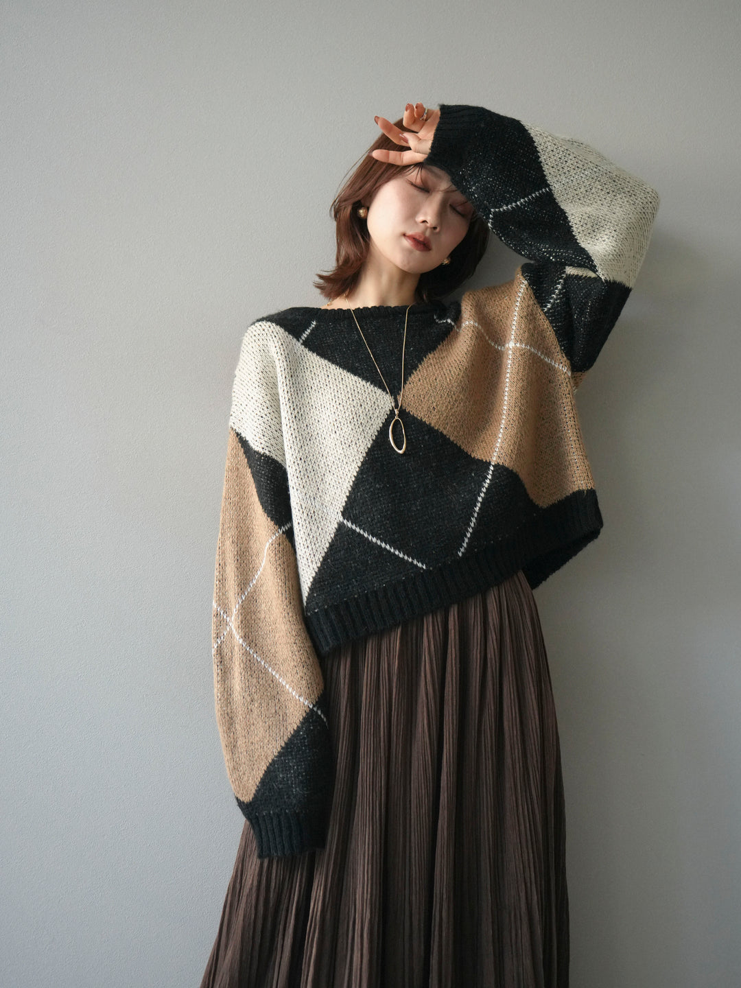 [SET]配色ステッチアーガイル柄ニットプルオーバー+配色ステッチアーガイル柄ニットプルオーバー(2set)