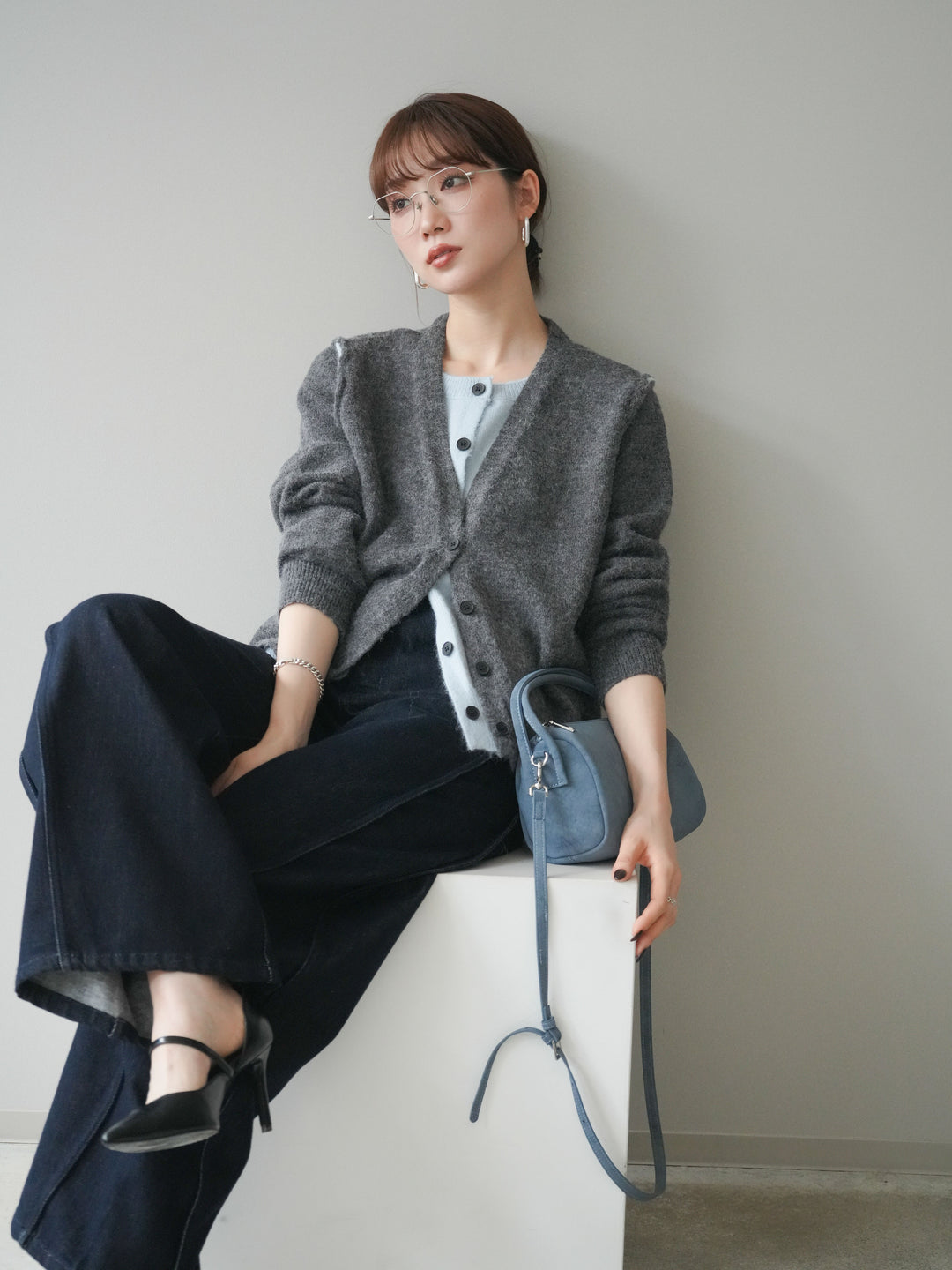 [予約]配色レイヤードニットカーディガン/gray