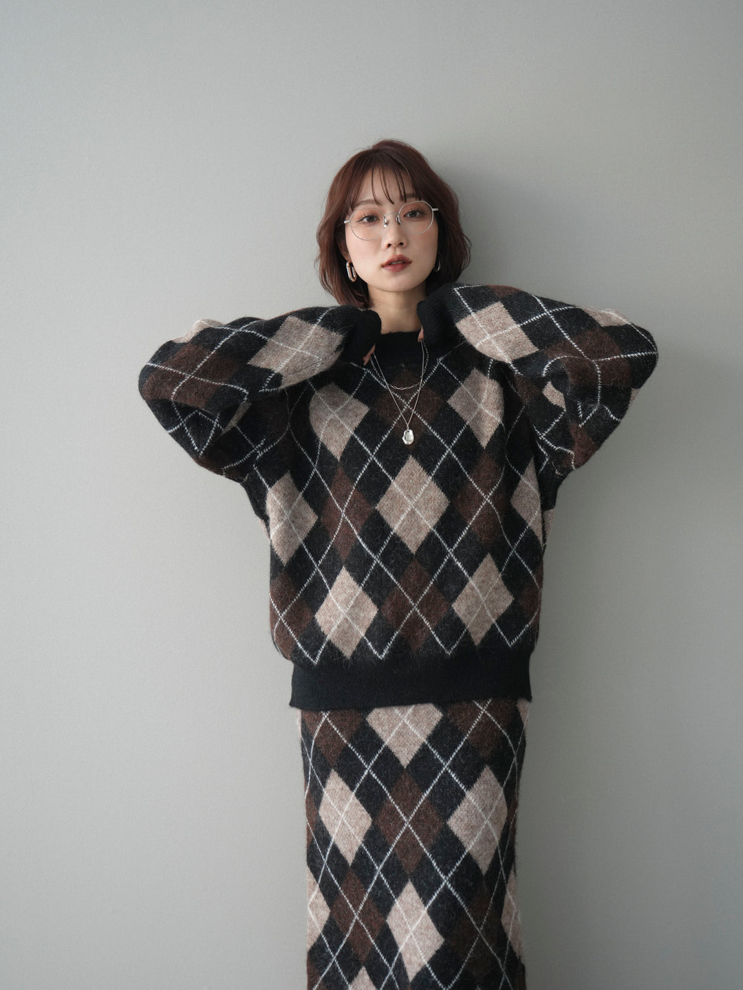 [SET]アーガイルニットプルオーバー&ロングスカートSET UP+選べるアクセセット(2set)