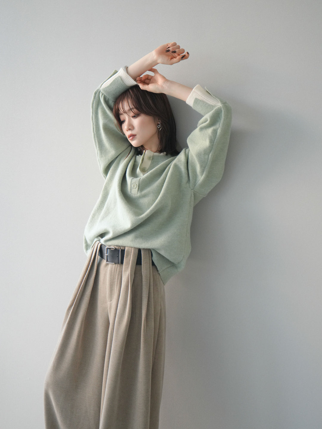 [予約]ヘンリーネック配色レイヤードニットプルオーバー/mint