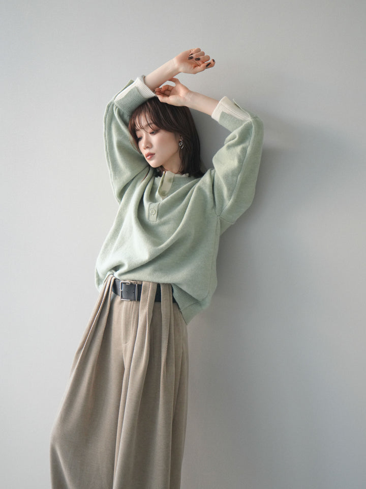 [予約]ヘンリーネック配色レイヤードニットプルオーバー/mint