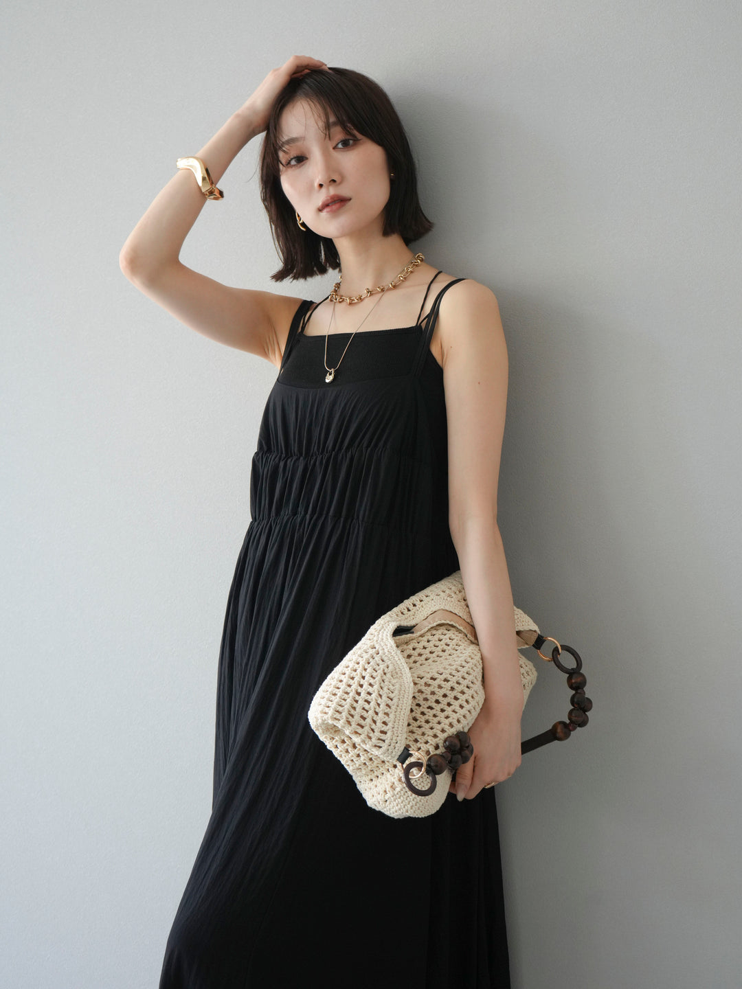 [SET]レーヨンシャーリングキャミワンピース+カップ付きバッククロスキャミソール(2set)