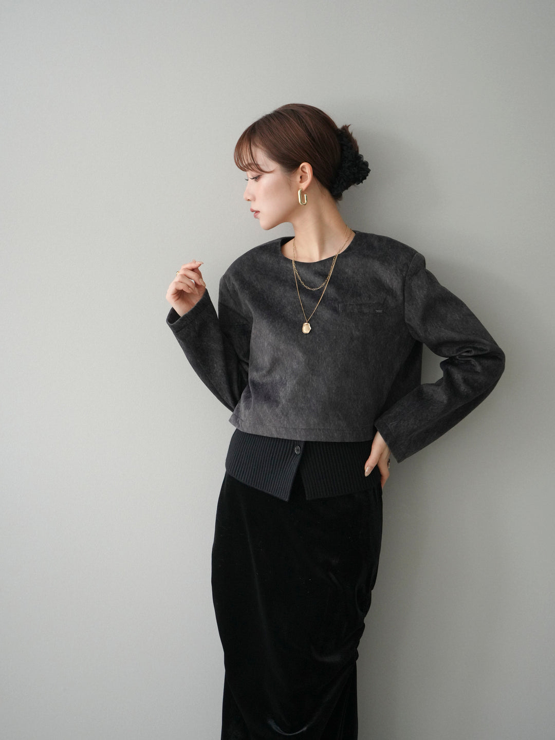 [予約]リブニットレイヤードスエードプルオーバー/charcoal