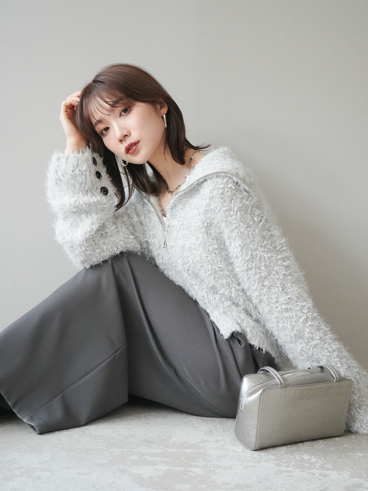 [予約]ミックスシャギージップニットカーディガン/ivory