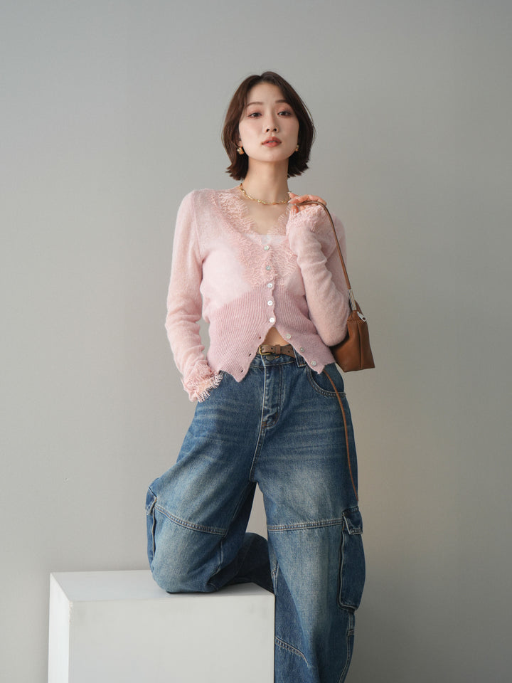 【預購】馬海毛觸感蕾絲針織開襟衫 / 粉紅色