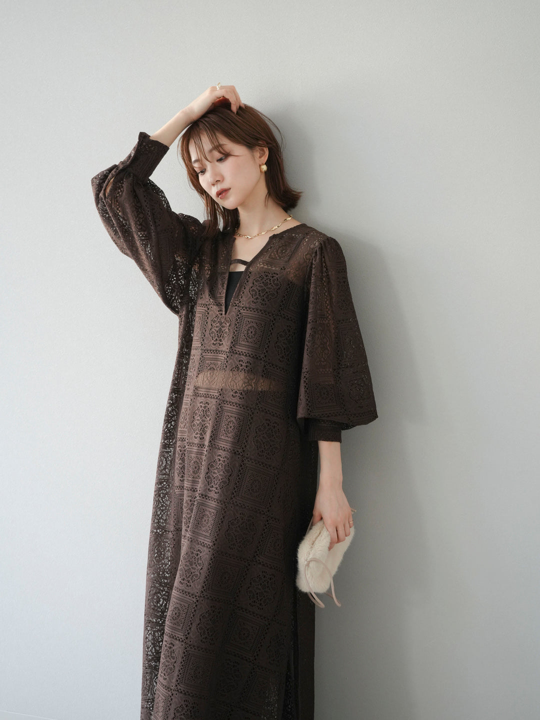 【套裝】塊蕾絲捲袖洋裝+塊蕾絲寬褲（2套）