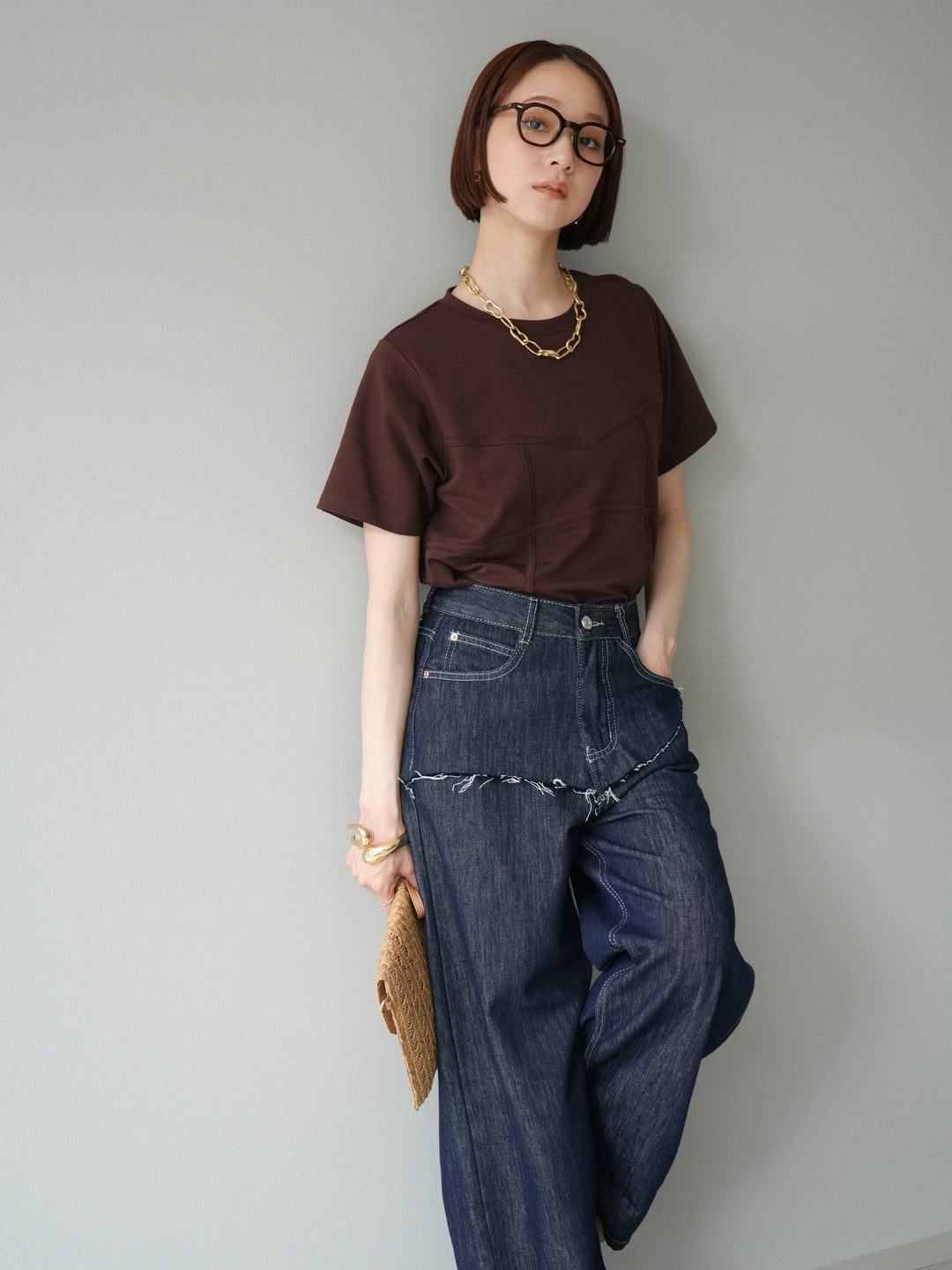 [SET]ビスチェデザインTシャツ+ヒップデザインデニムパンツ(2set)