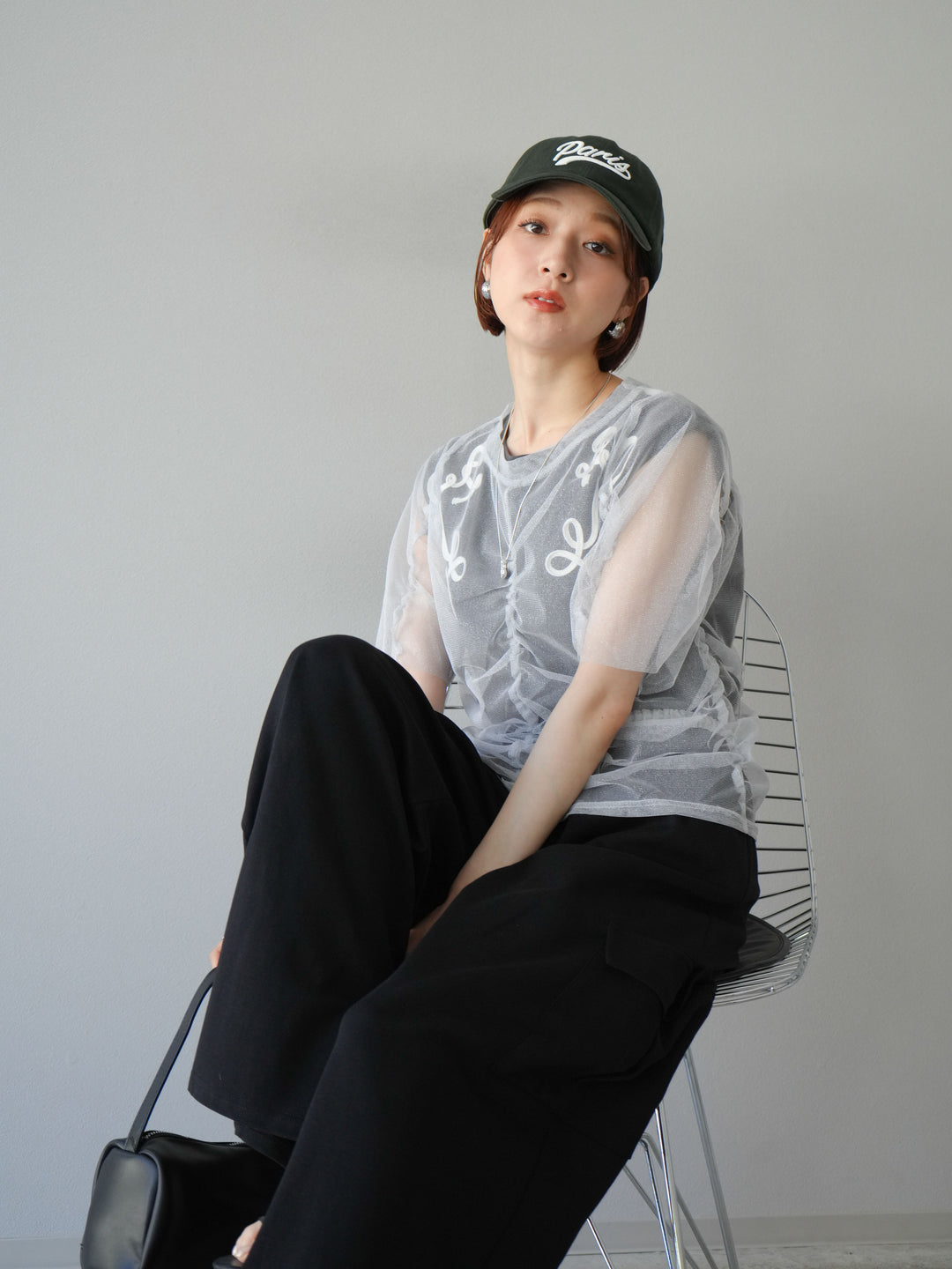 [SET]ラメチュールシャーリングプルオーバー+コード刺繍フレンチスリーブTシャツ+ウエストラインサイドポケットスウェットパンツ(3set)