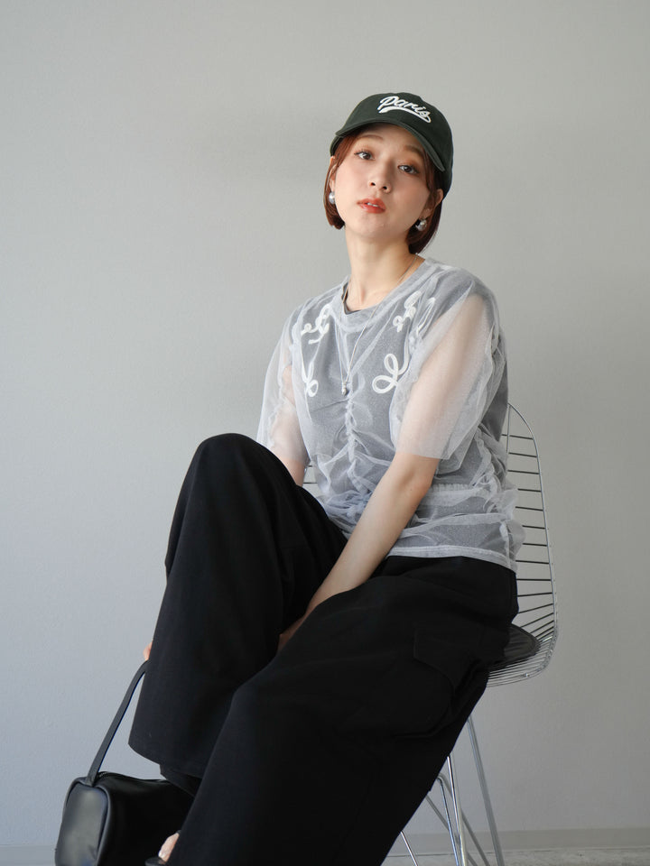 [SET]ラメチュールシャーリングプルオーバー+コード刺繍フレンチスリーブTシャツ+ウエストラインサイドポケットスウェットパンツ(3set)