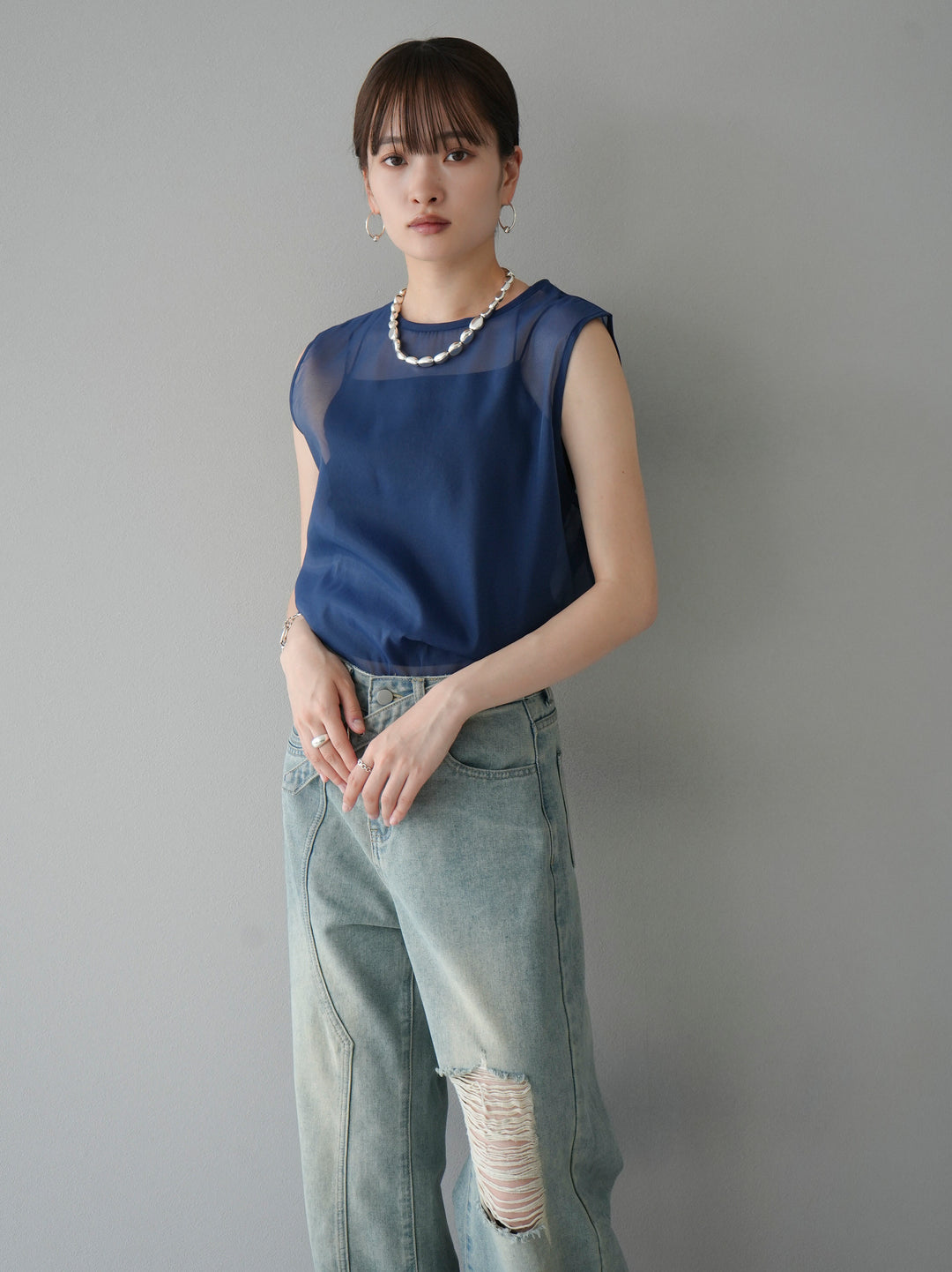 [SET] Organdy sleeveless top + belt asymmetrical damaged denim (2set)