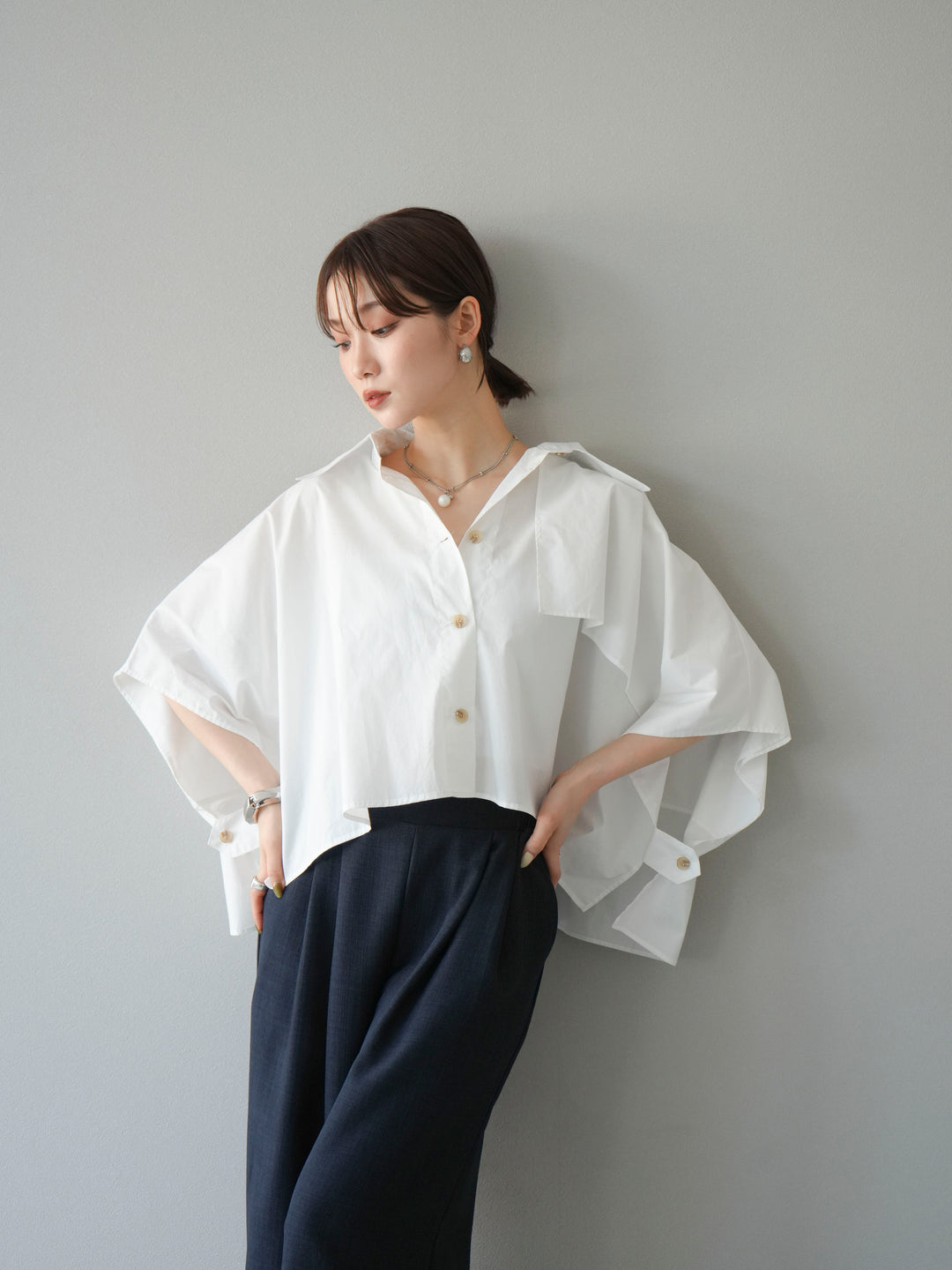 [SET]ポンチョショートシャツ+リネンライクイージーワイドパンツ(2set)