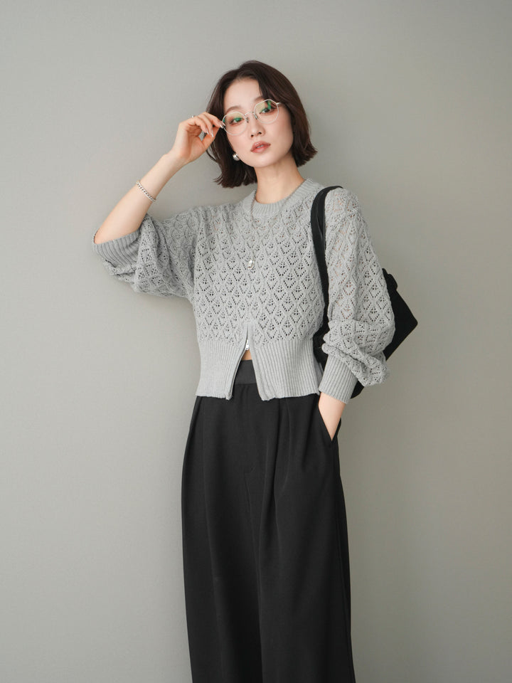 [予約]透かし編みフロントジップスリットニットプルオーバー/gray