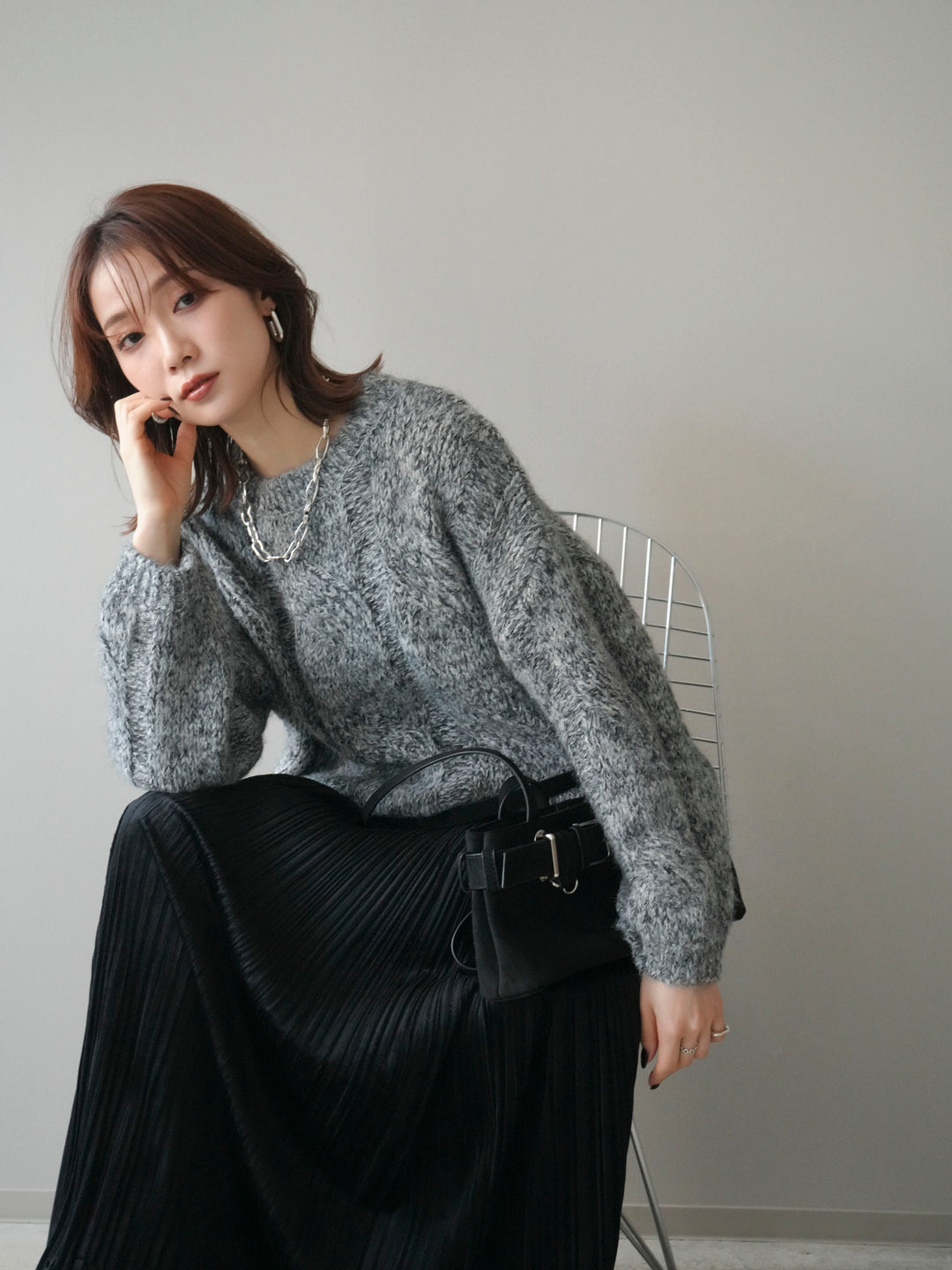 [予約]ワイドケーブルミックスニットプルオーバー/gray