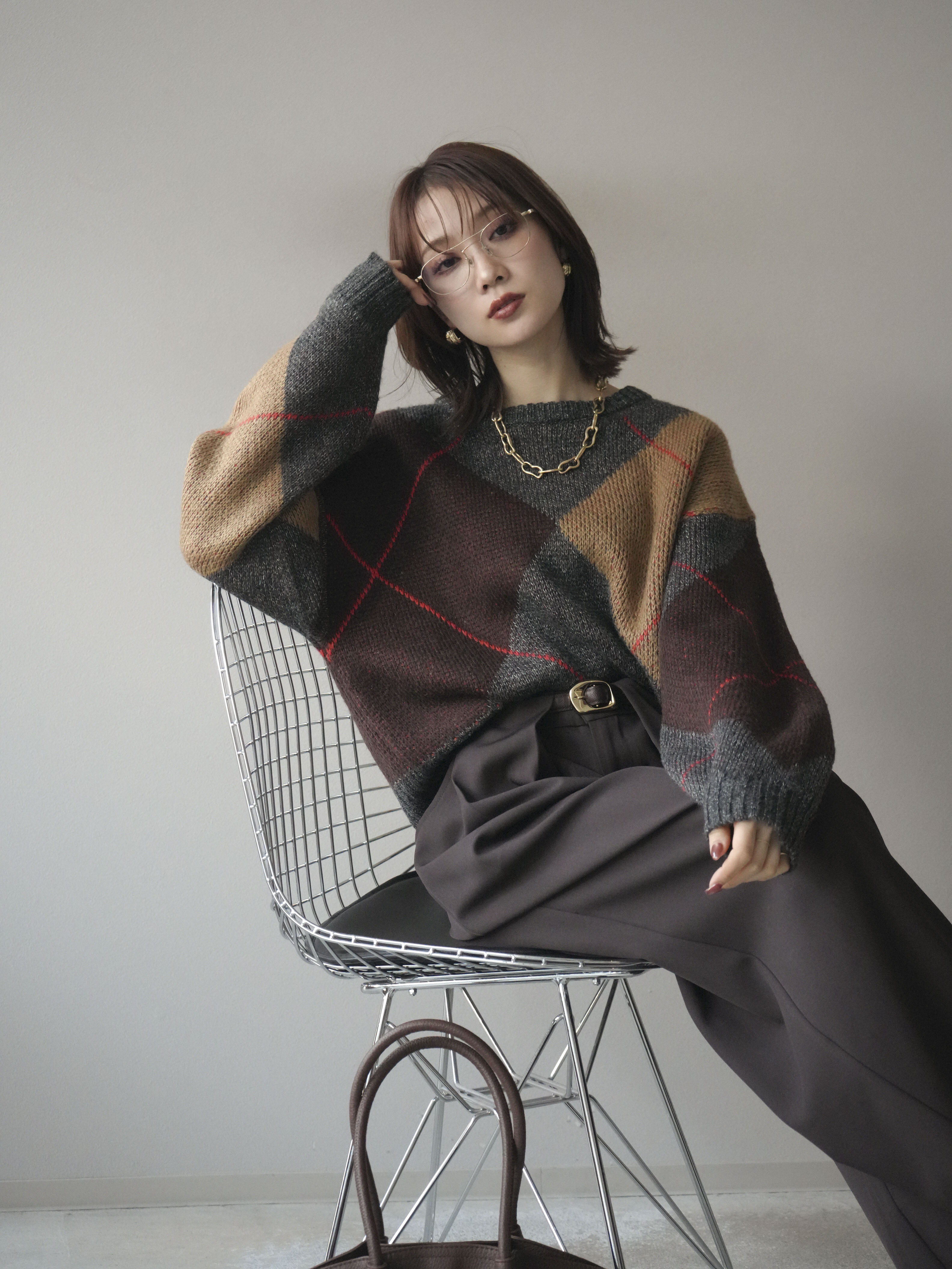 SET]配色ステッチアーガイル柄ニットプルオーバー+ベルトループ