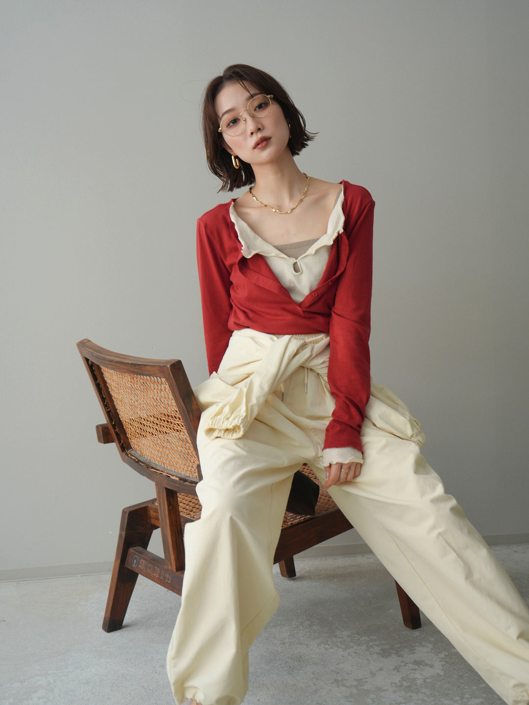【預購】撞色疊層柔和剪裁/紅色