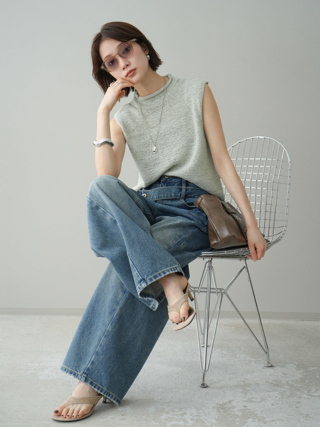 [予約]ノースリーブリネンタッチシアーニットプルオーバー/green