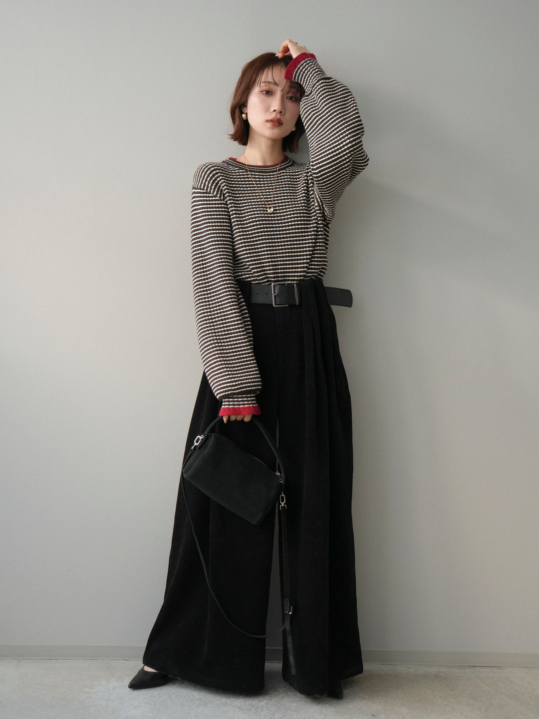 [SET]ラメ異素材ボーダーリブニットプルオーバー+ベルトデザインループコールテンワイドパンツ(ベルト付き)(2set)