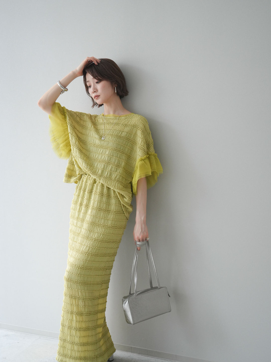 [SET]チュール袖リップルトップス+リップルIラインスカート(2set)