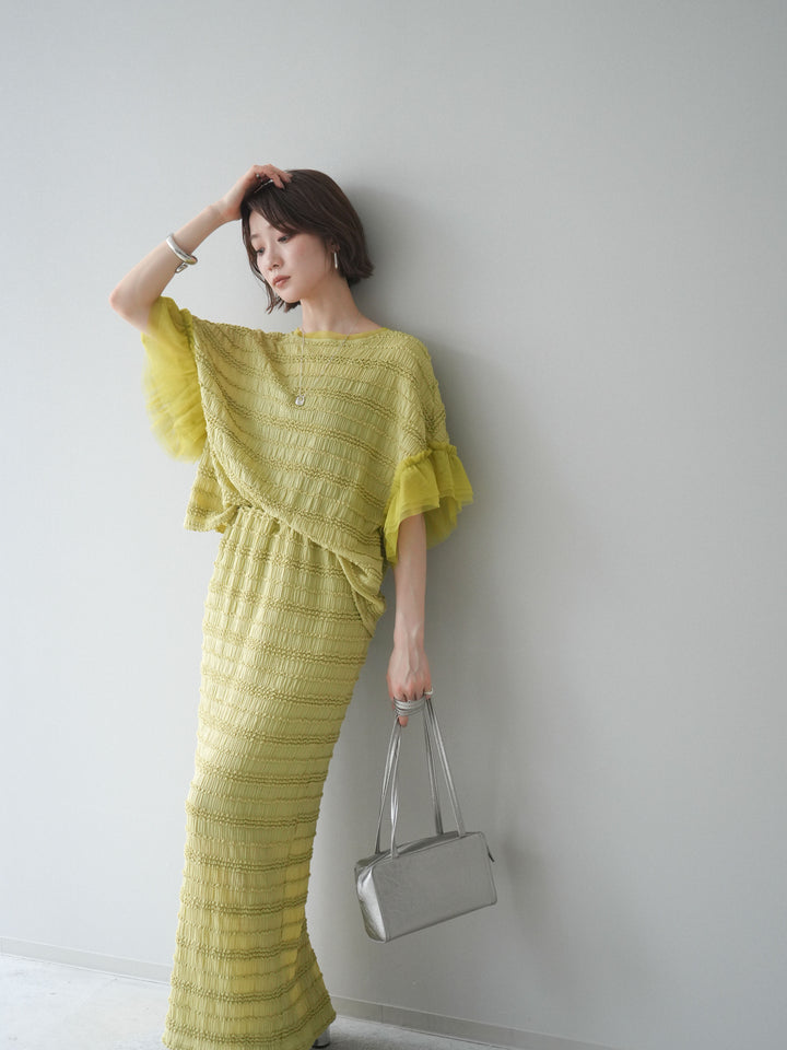 [SET]チュール袖リップルトップス+リップルIラインスカート(2set)