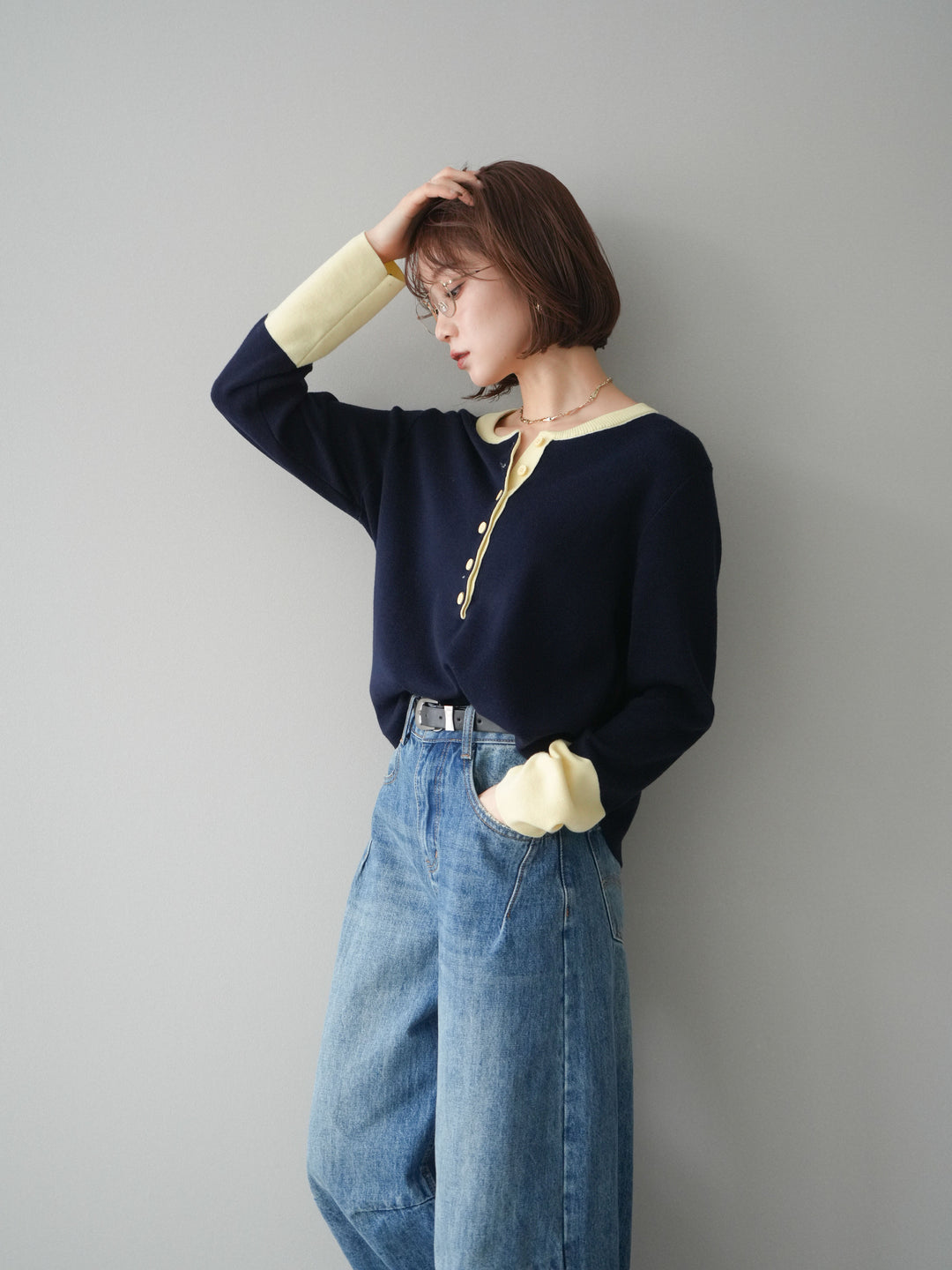 [予約]ヘンリーネック配色ニットソー/navy