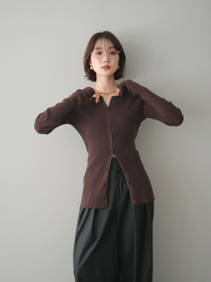 [予約]前後2WAYリブ編みクルーネックカーディガン/darkbrown
