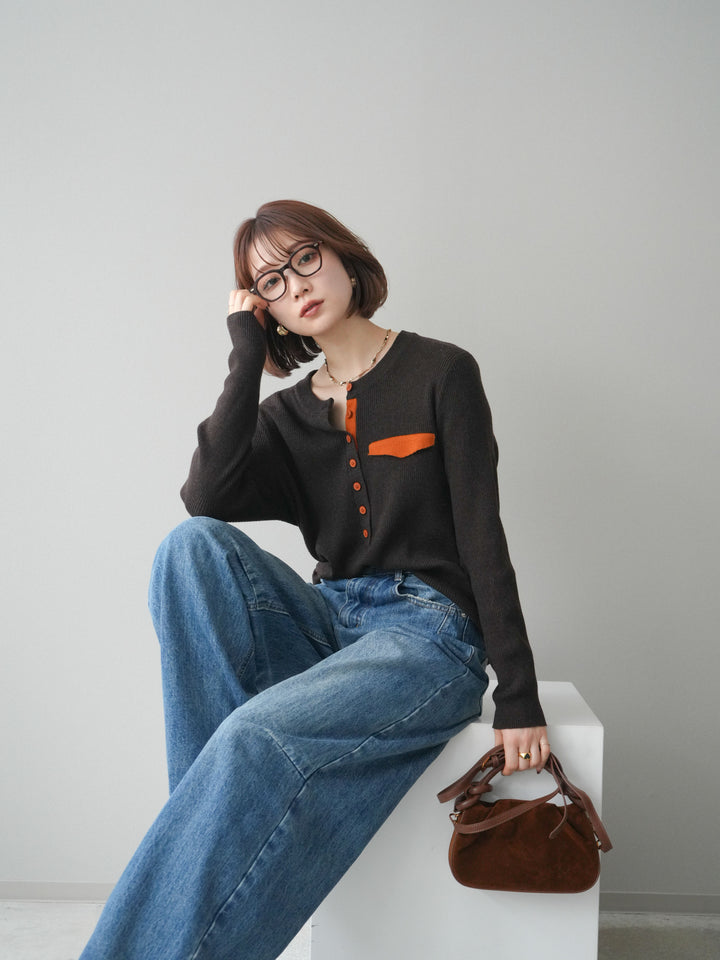 【預購】雙色拼接口袋亨利領針織衫/棕色