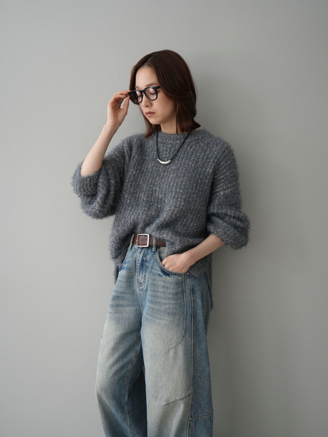 [SET]ボリュームスリーブシャギー MIXニットプルオーバー+ベルト付カーブデニムパンツ(2set)