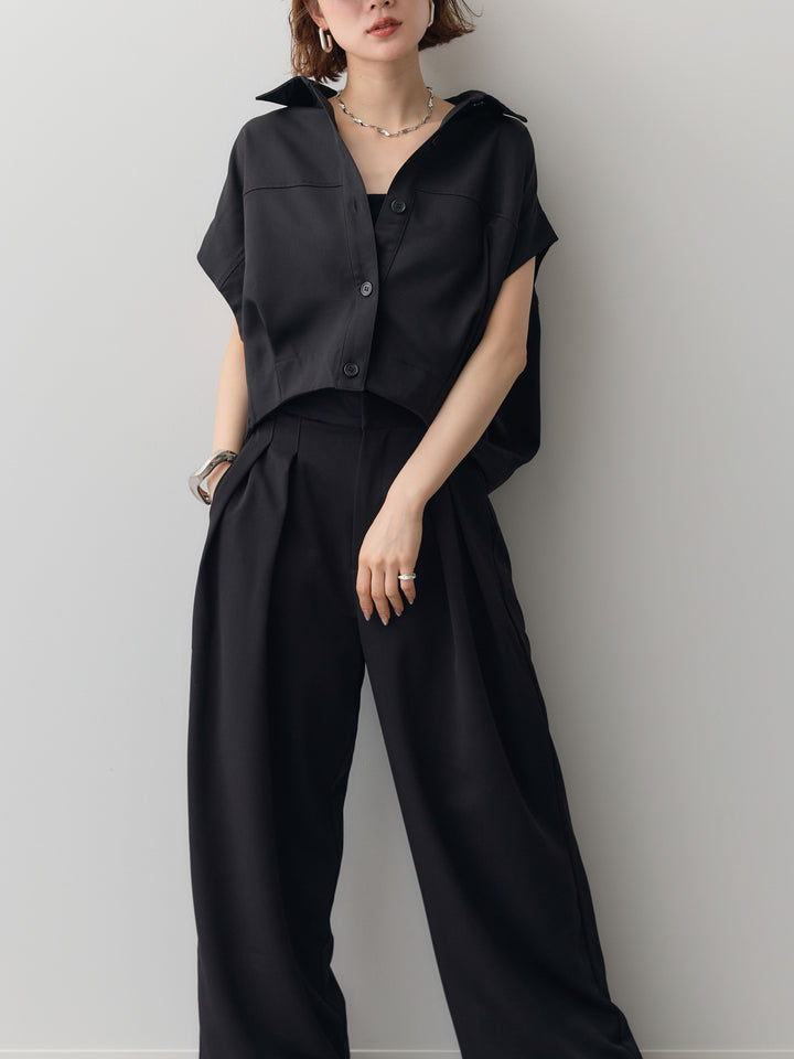 【套裝】縐綢燈籠無袖襯衫 + 縐綢闊腿褲（兩件套）