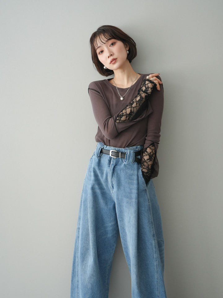[予約]袖レースレイヤードデザインメロートップス/brown