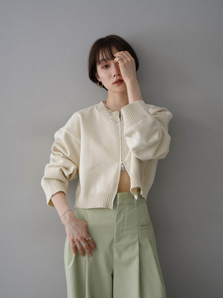 [Pre-order] Double Zip Cropped Knit Cardigan/Ivory