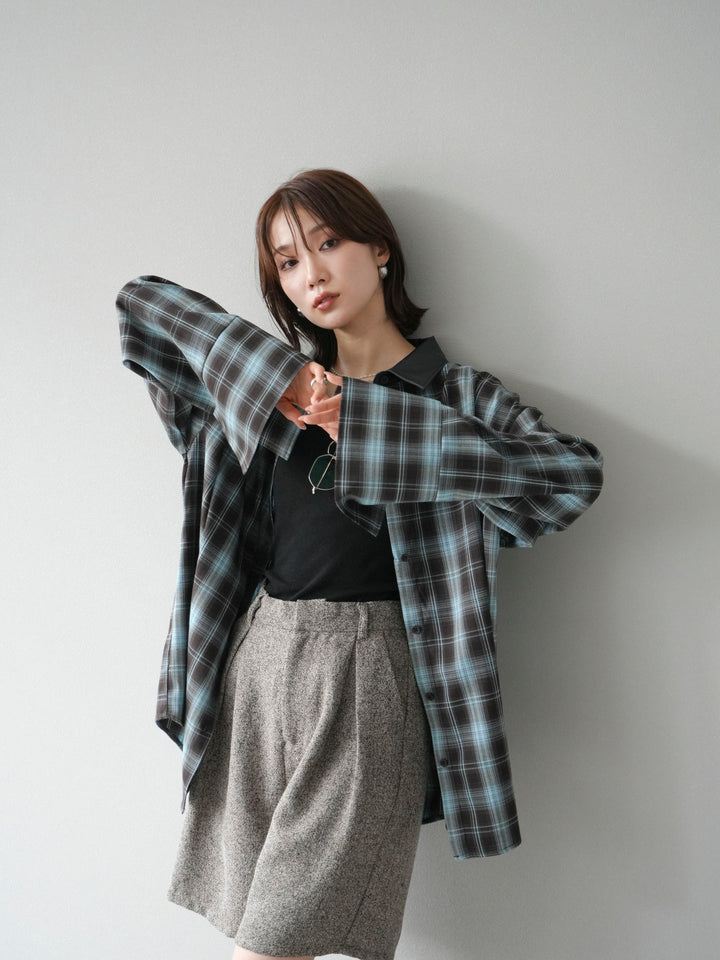【着回しセット】[SET]レザー襟オンブレチェックオーバーシャツ +クラッシュベロアナロースカート+ツイードハーフパンツ(3set)