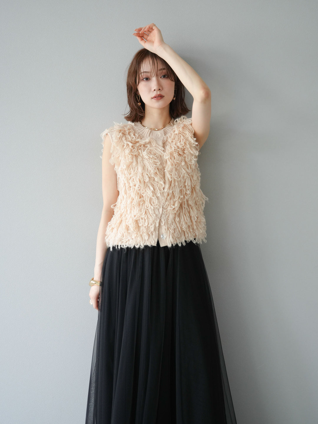 [SET] 前開衩針織背心 + 薄紗蓬鬆裙 (2 件套)
